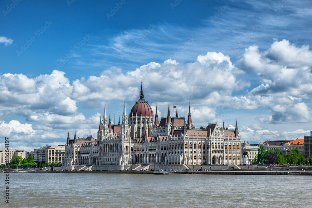 The Hungarian Parliament on the banks of the Danube River in Budapest