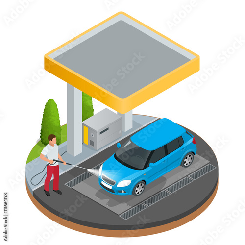 Car wash specialist in uniform washing sedan car under the roof. Spraying water from the hose. Flat 3d vector isometric illustration isolated on white background