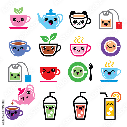 Kawaii tea, tea pot, ice tea cute characters  