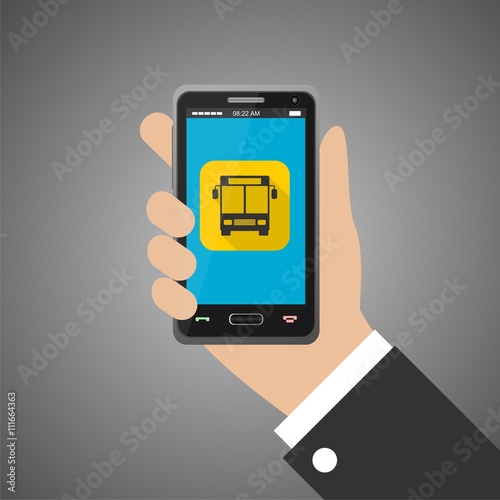 Hand holding smartphone with bus icon