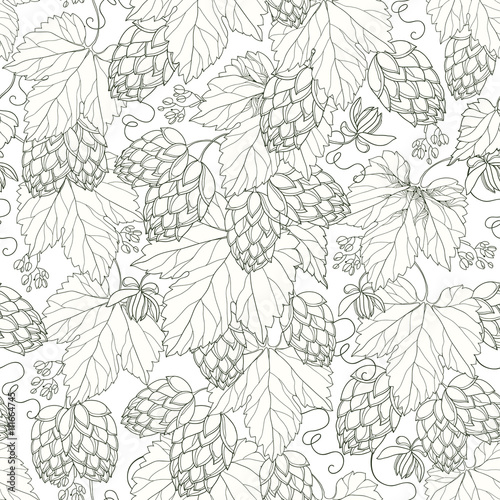 Vector seamless pattern with ornate Hops with leaves in black on the white background. Outline Hops for beer and brewery decor. Hops background in contour style for summer design.