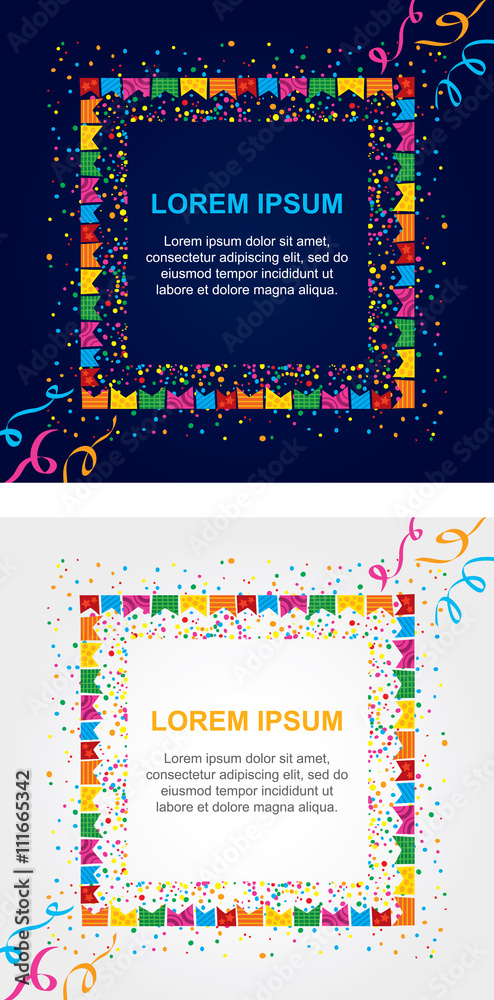 Card background with colored dots and streamers around a square area to place text