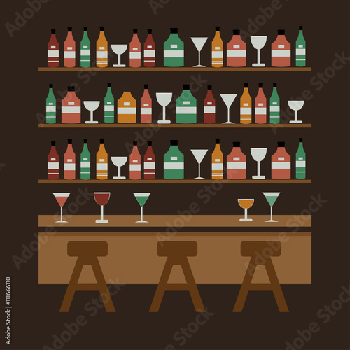 Bar Restaurant,bar chairs and shelves with alcohol.