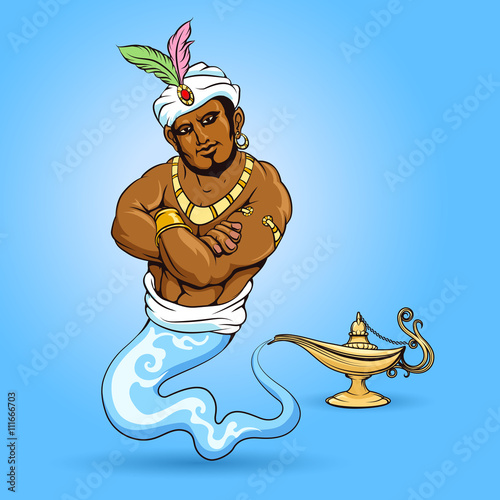 Genie coming out of aladdin lamp. Genie icon an blue background. Vector illustration