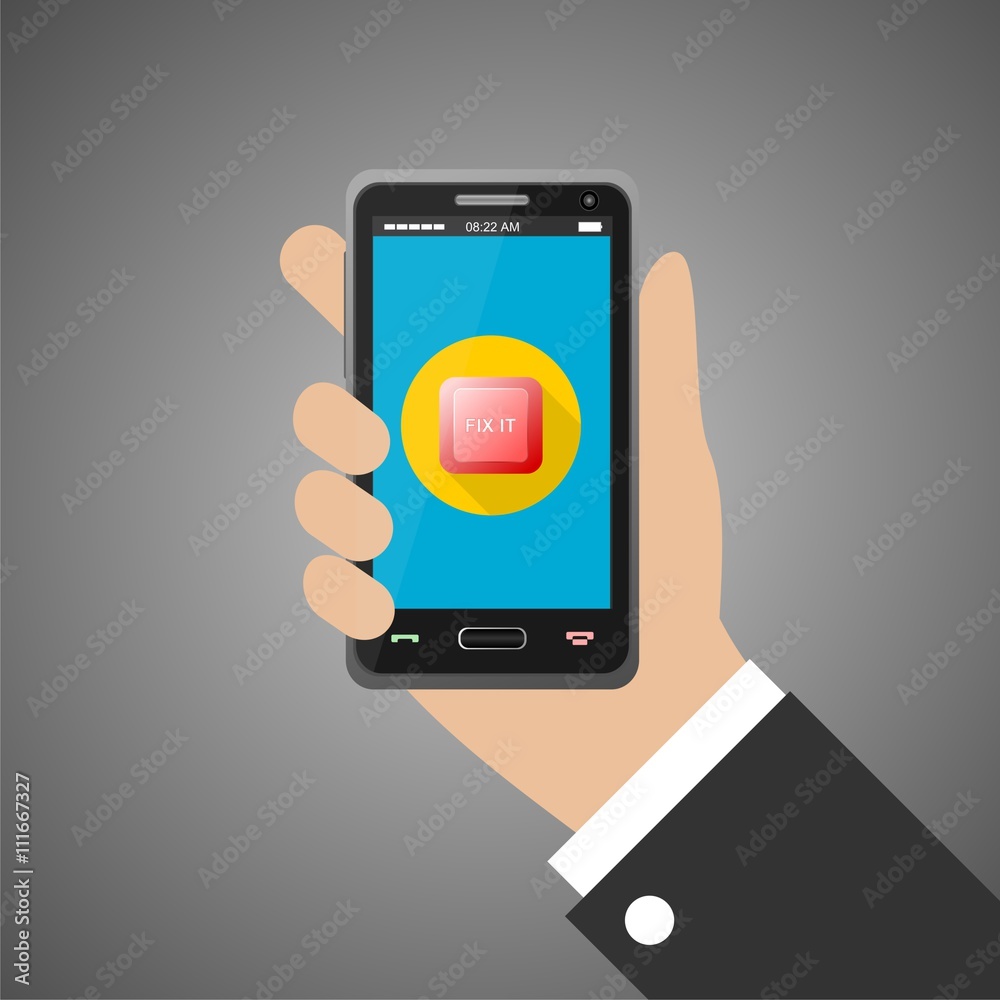 Hand holding smartphone with fix it button Hand holding smartphone with fix it button