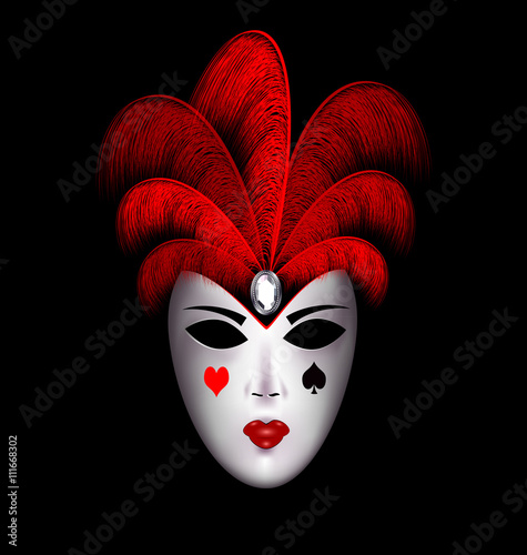 black-white mask with red feathers