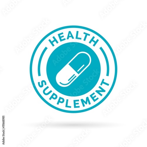 Medical health supplement sign badge with blue capsule pill stamp icon. Vector illustration.