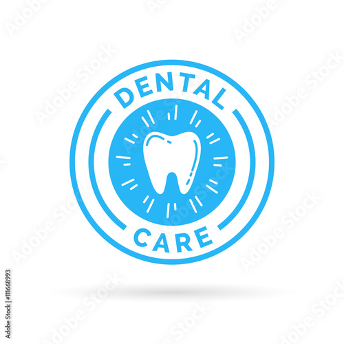 Dental care sign oral hygiene badge with cyan blue healthy tooth stamp icon. Vector illustration.