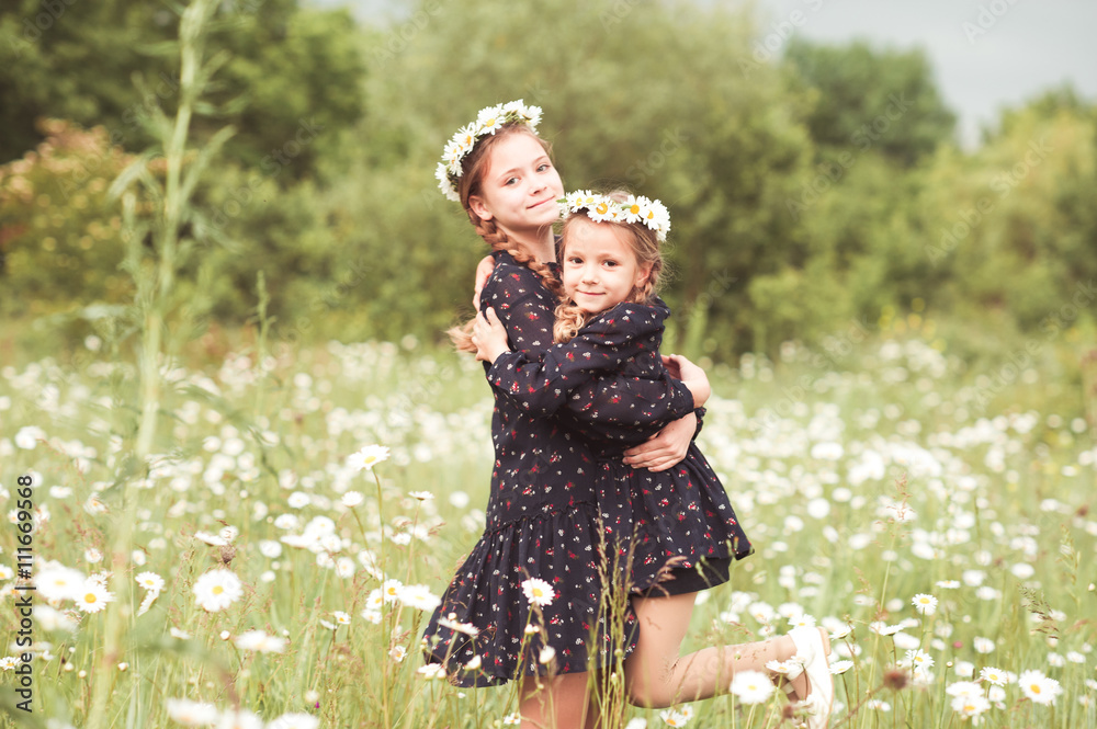 Two happy sisters having fun outdoors in field. Looking at camera. Childhood. Two happy sisters having fun outdoors in field. Looking at camera. Childhood.
