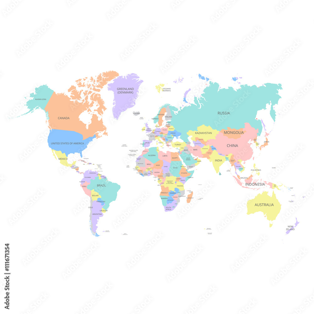 World map with country names. Vector illustration.