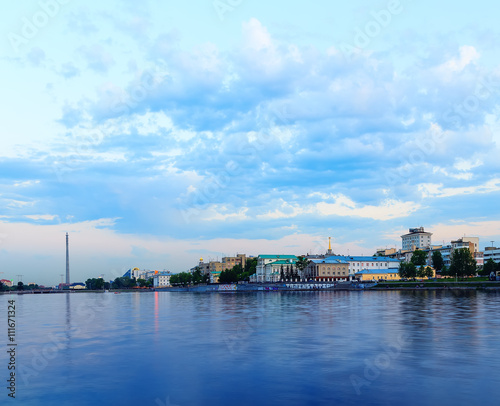 sunset over city pond and the business part of the city of Yekaterinburg
