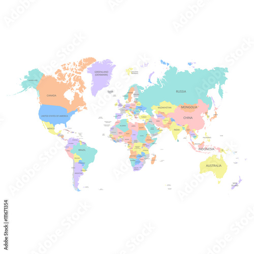 World map with country names. Vector illustration.