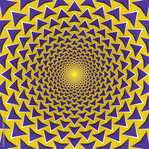 Optical illusion background. Purple arrows fly away circularly from the center on yellow background. Yellow purple motion background.