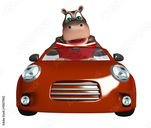 fun Hippo cartoon character with car