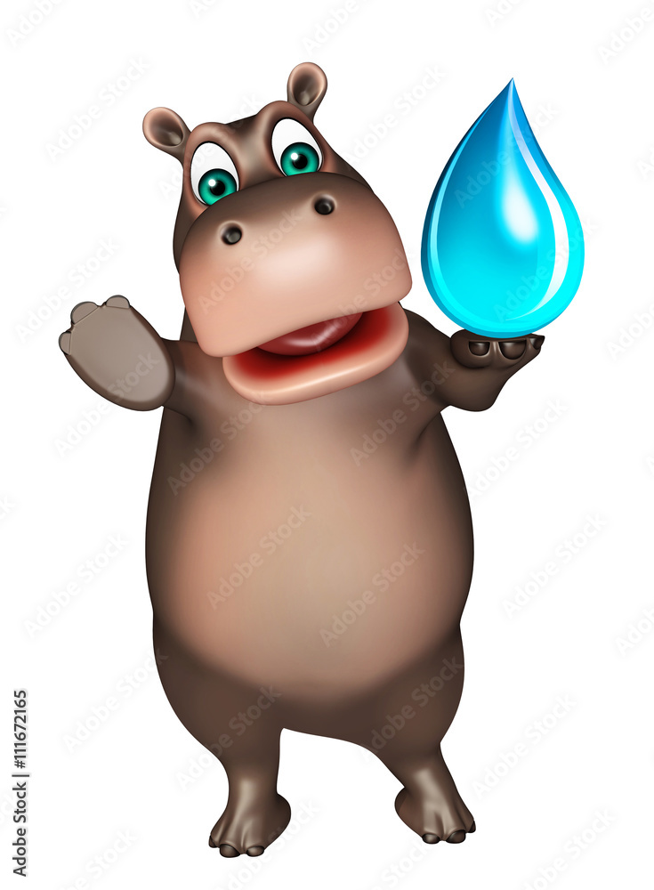 Naklejka premium Hippo cartoon character with water drop