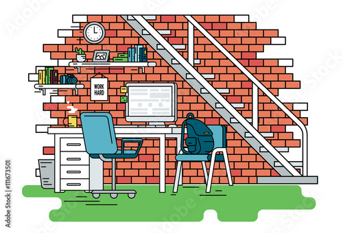 Flat line contour illustration of student workplace organization. Empty room interior with red brick wall, bookshelfs, work desk with computer, chair , school bag and green carpet. Isolated background