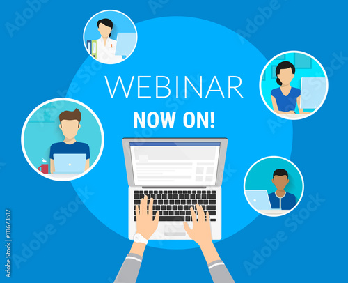 Webinar now on concept illustration of human hands typing on the laptop to unit various people on the free webinar. Flat design of faceless guys and young women participating in free webinar