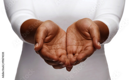 female empty cupped hands showing something
