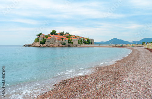 Luxury Sand Beach near Island and Resort Sveti Stefan, Montenegro. Balkans, Adriatic sea, Europe.