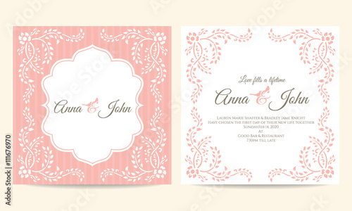 Wedding card - pink and white creeping plant frame vintage vector template design