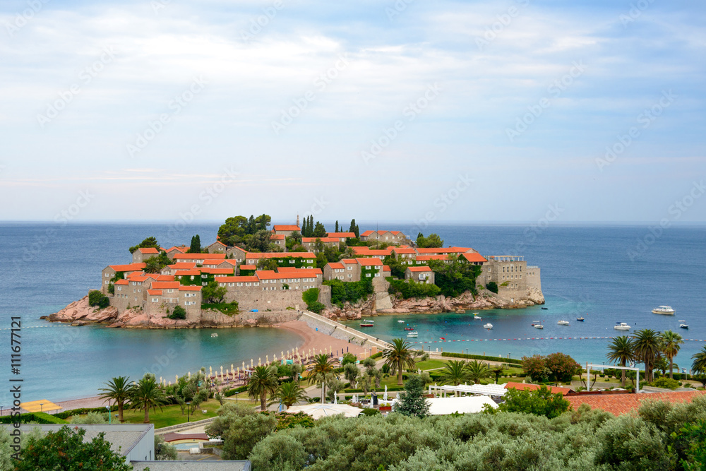 Beautiful Island and Luxury Resort Sveti Stefan, Montenegro. Balkans, Adriatic sea, Europe.