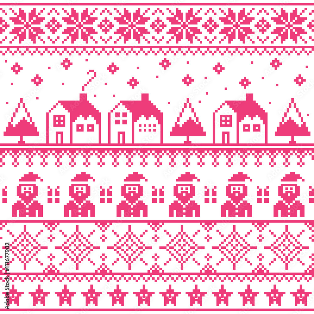 Christmas jumper or sweater pink seamless pattern with Santa and houses 