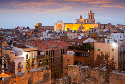 View of  old Tarragona with gothic Cathedral in evening