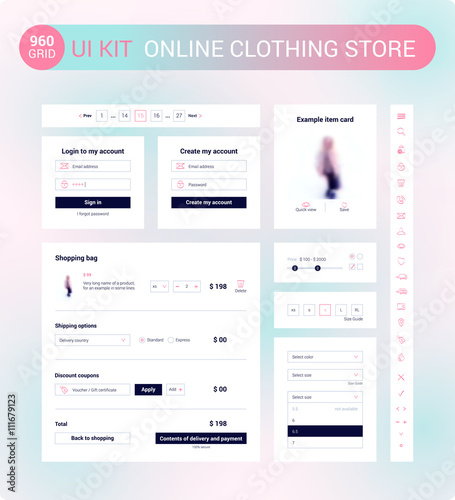 UI Kit for online clothing store: icons set, login form, registration form, dropdown menu, shopping bag, example item card, range of sizes, pagination.
