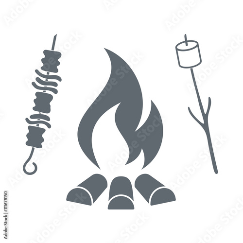 Fire, marshmellow and kebab  icon on white background