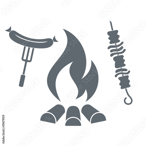 Fire,  kebab and sausage icon on white background