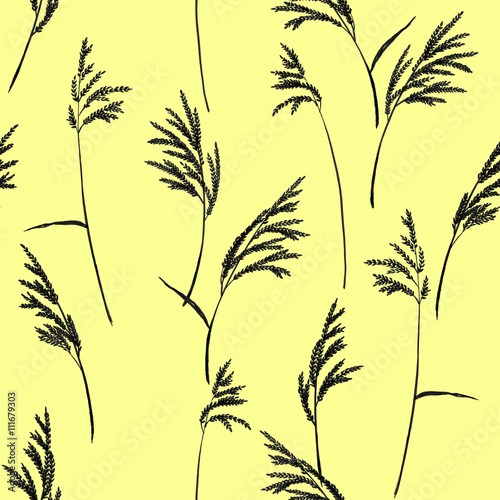 Abstract floral pattern. Grass panicles scattered free. Hand painted texture. Black on yellow background.