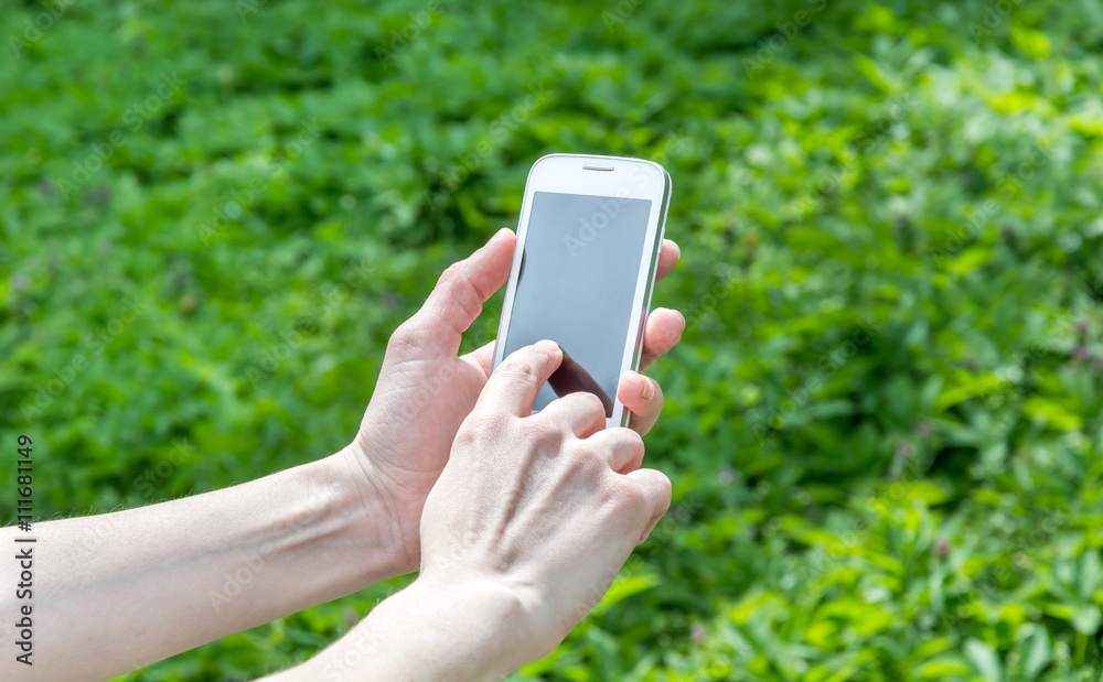 Smartphone in woman's hands on green grass background