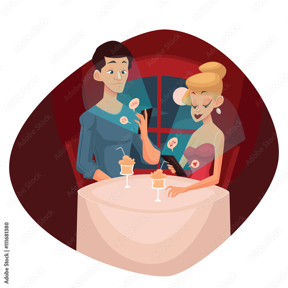 date loving couple and mobile phone, vector cartoon comic illustration, concept meeting couples in love and modern technology, evening the men and women who keep the phones do not notice each other date loving couple and mobile phone, vector cartoon comic illustration, concept meeting couples in love and modern technology, evening the men and women who keep the phones do not notice each other