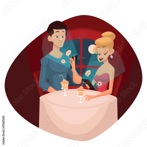 date loving couple and mobile phone, vector cartoon comic illustration, concept meeting couples in love and modern technology, evening the men and women who keep the phones do not notice each other