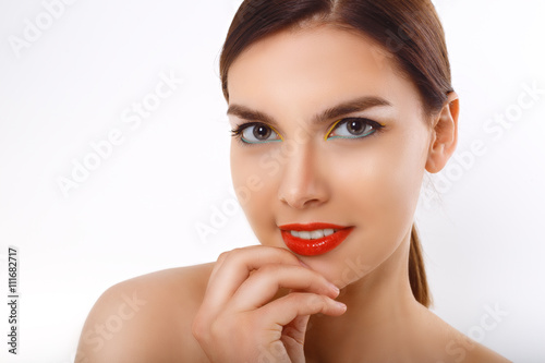 closeup portrait of a beautiful woman with beauty face and clean face skin   glamour makeup