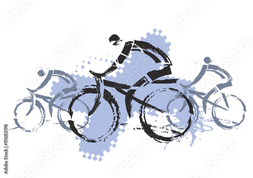 Cyclists grunge stylized.
Three grunge stylized cyclists. Illustration imitating drawing brush. Vector available. 
