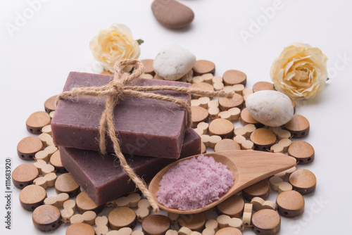 Aromatic spa sea salt and soap, decorative objects
