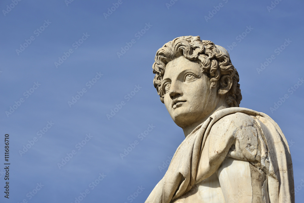 Dioskouri (with copy space). Ancient roman statue of Dioskouri at the top of Capitoline Hill staircase and balustrade, in the center of Rome (1st century BC)
