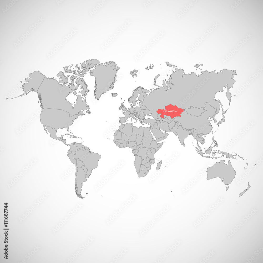 World map with the mark of the country.  Kazakhstan. Vector illustration.