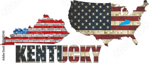 USA state of Kentucky on a brick wall - Illustration,
The flag of the state of Kentucky on brick textured background, 
Font with the United States flag, 
Kentucky map on a brick wall