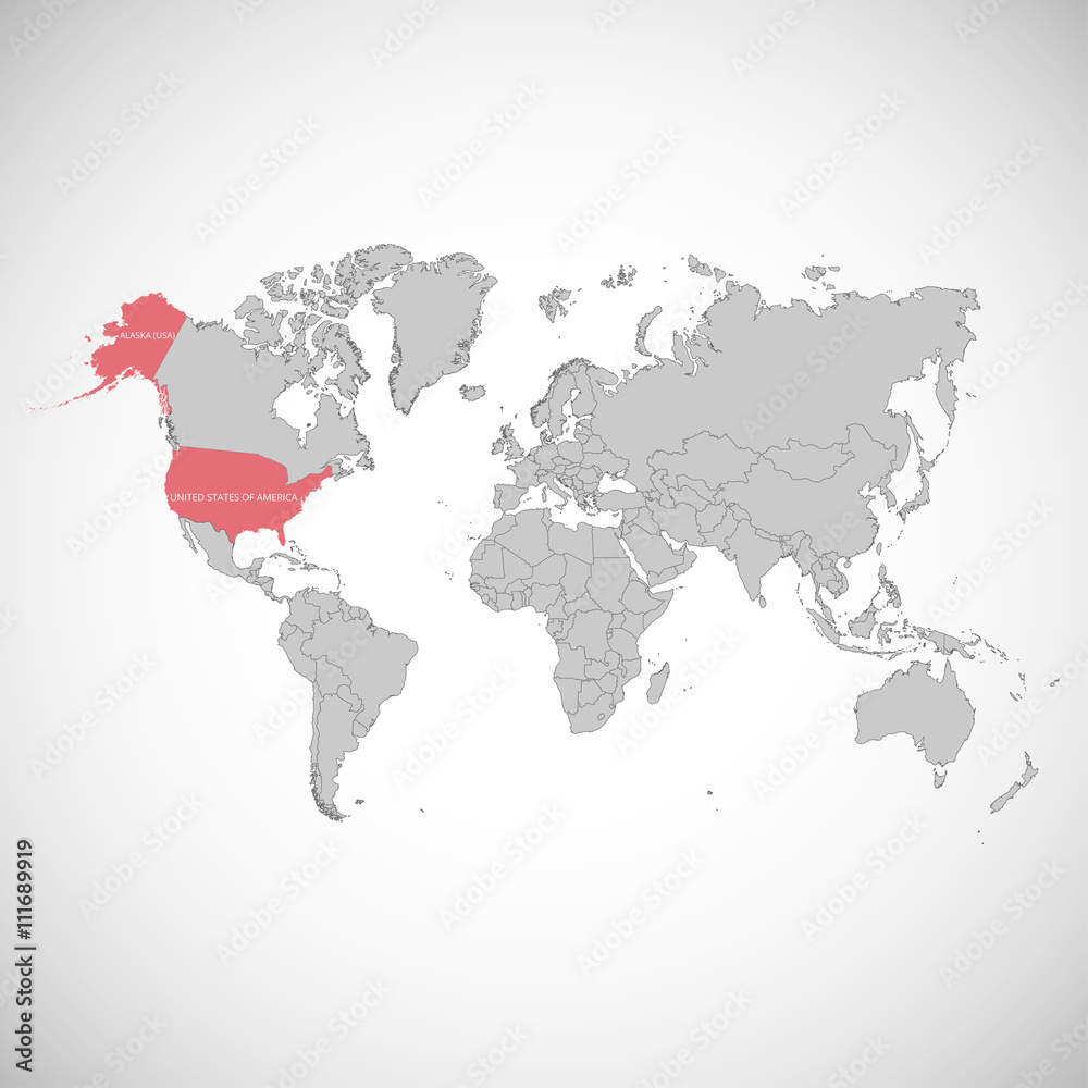 World map with the mark of the country. USA. Vector illustration.