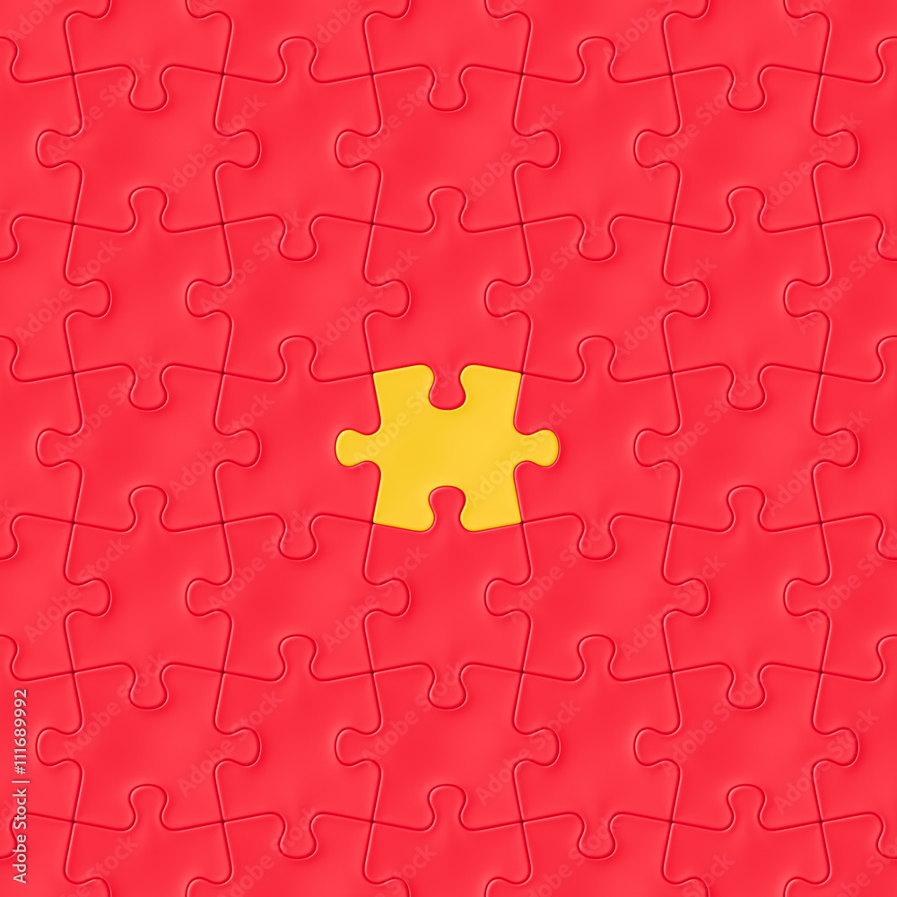 interlocking red jigsaw puzzle pieces with one yellow piece in the center (seamless texture, 3d illustration) interlocking red jigsaw puzzle pieces with one yellow piece in the center (seamless texture, 3d illustration)