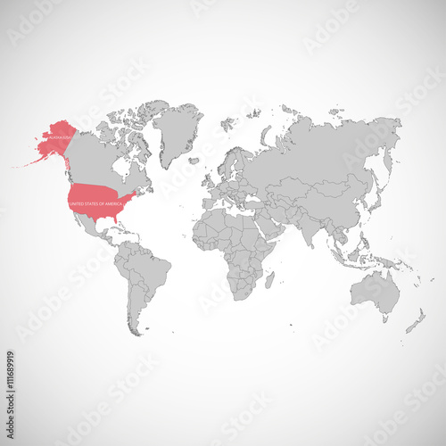 World map with the mark of the country. USA. Vector illustration.
