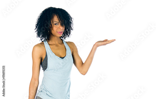 female model attractive woman showcasing empty spcace for logo o photo