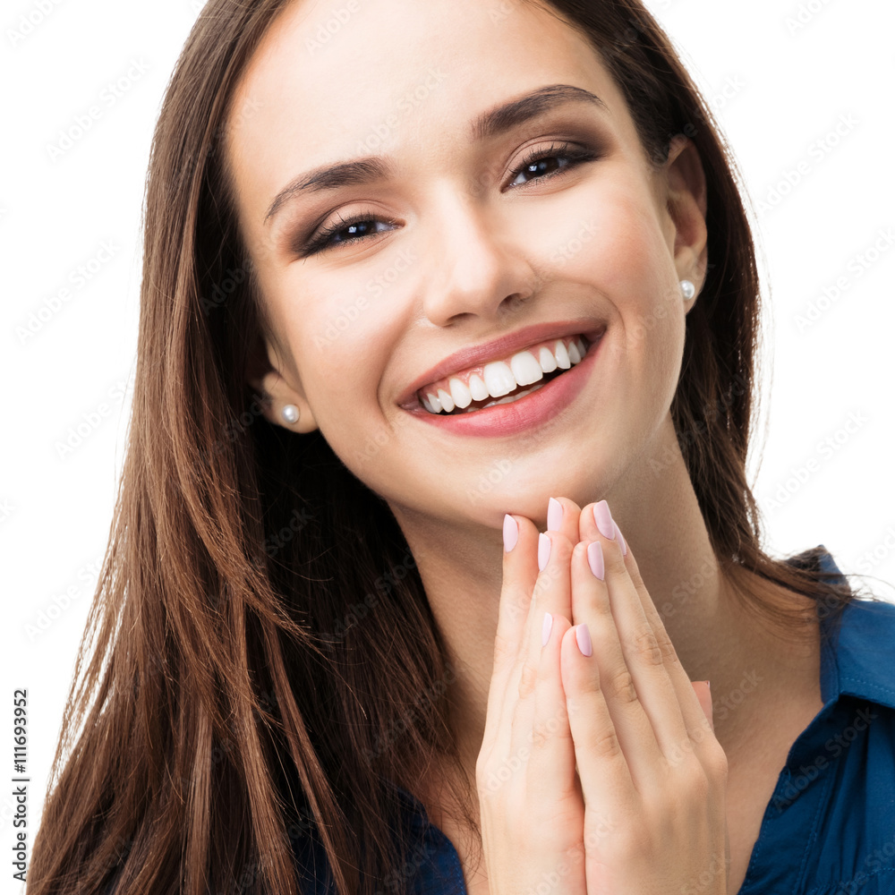 Fototapeta premium happy gesturing smiling young woman, isolated