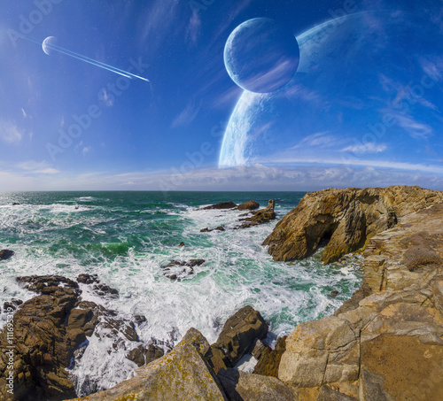 Fototapeta Naklejka Na Ścianę i Meble -  View of distant planet system from cliffs