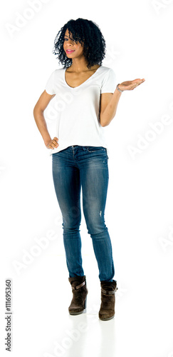 female model attractive woman showcasing empty spcace for logo o photo