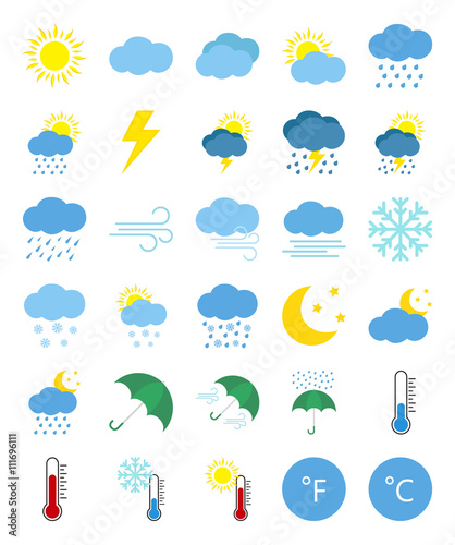 Weather forecast icons in flat style isolated on white background.