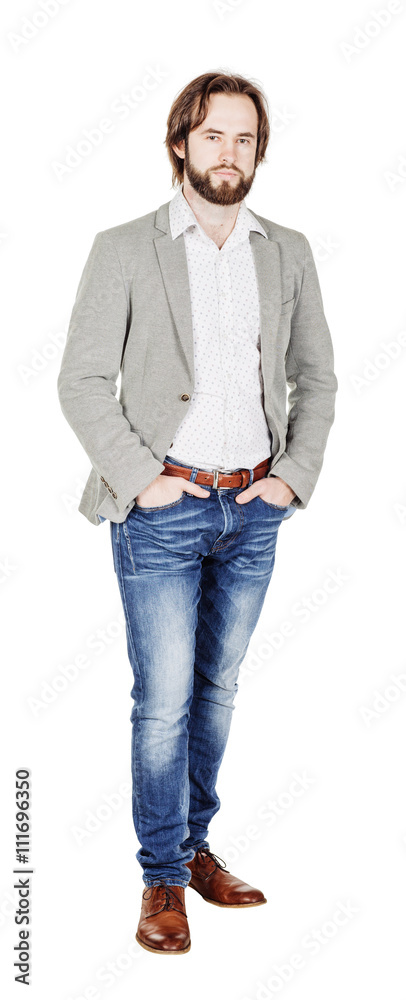 bearded man  standing and looking at camera. human emotion expre