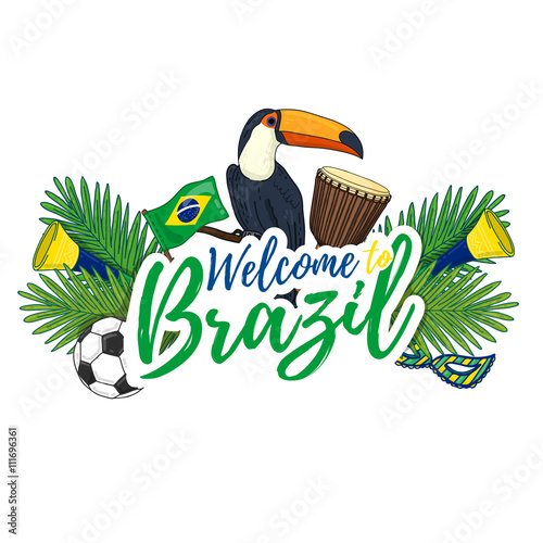Banner, poster, sign, invitation Welcome to Brazil. Banner with the decor of the Brazilian flag, toucan, djembe, a mask and football. Brazil culture. Brazil flag. Brazil banner. Vector